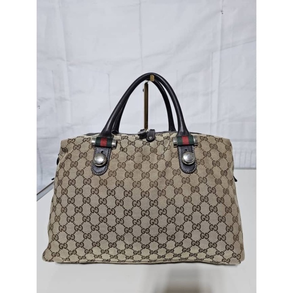 Authentic GUCCI MONOGRAM CANVAS MATCH BALL WEB BOSTON BAG - Picture 9 of 12